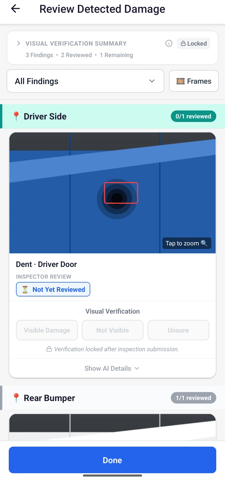 VesEvi Mobile app's Review Detected Damage screen, showing an AI-flagged finding awaiting inspector review