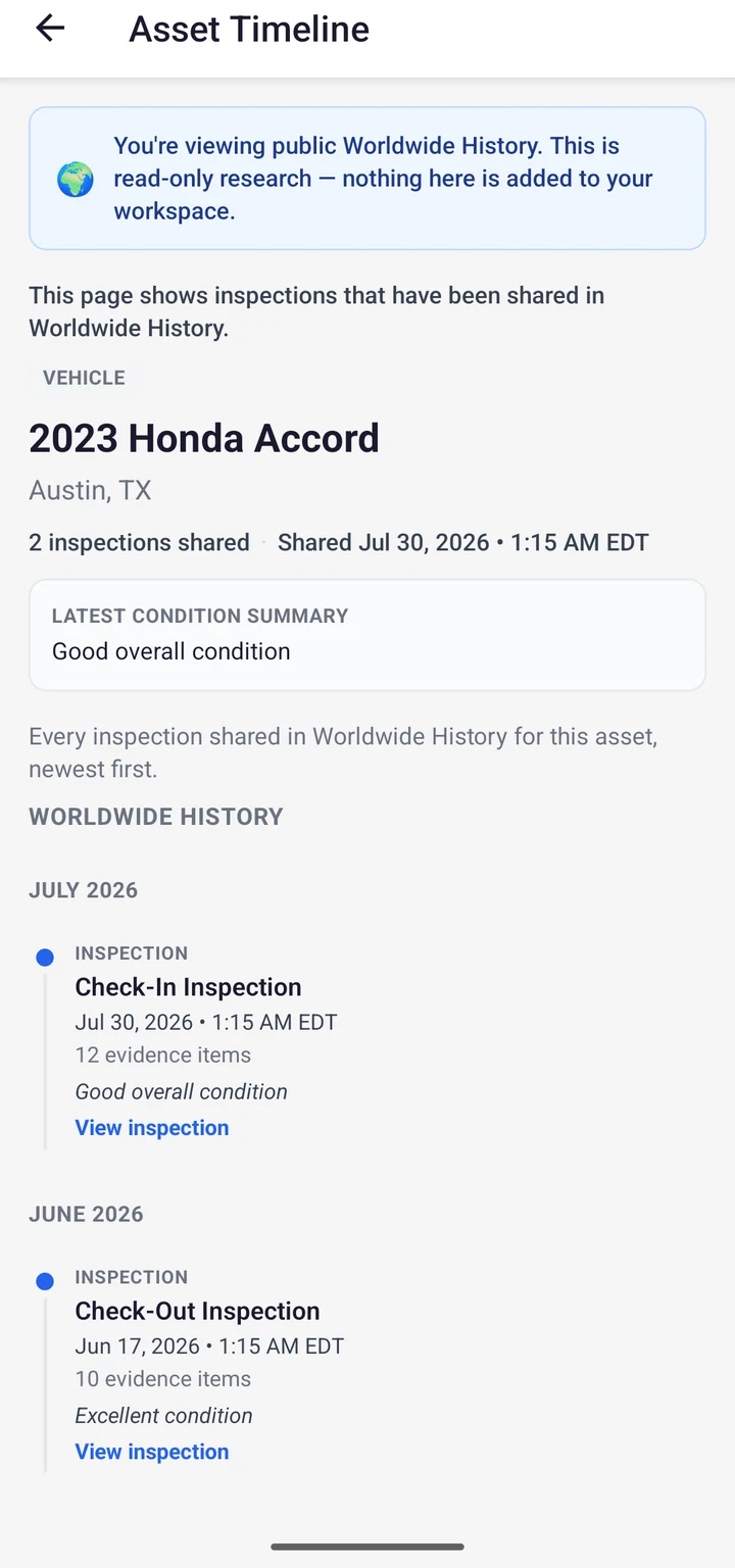 VesEvi Mobile app's public Asset Timeline screen: dated Worldwide History entries for one vehicle, newest first
