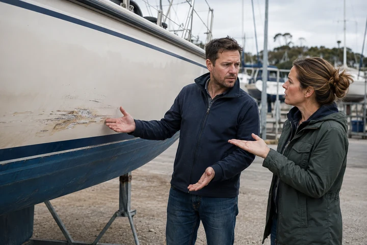 A man and a woman standing beside a boat at a marina, discussing a mark on its hull.