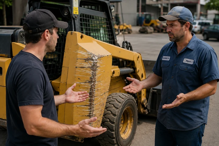 Two workers standing beside a piece of construction equipment, discussing scratch damage on its side panel.
