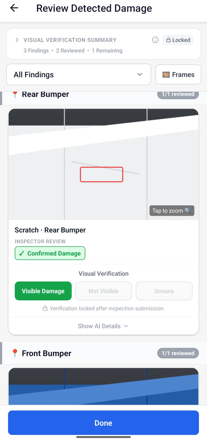 VesEvi Mobile app's finding-review screen showing an inspector-confirmed “Visible Damage” verdict