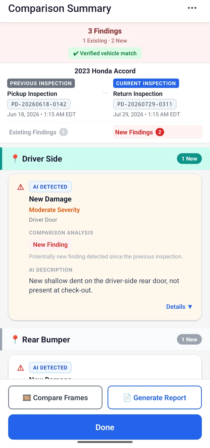 VesEvi comparison summary screen: previous vs. current inspection, with an AI-detected new-damage finding at moderate severity