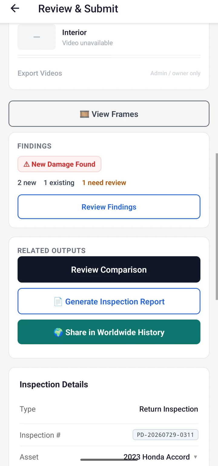 VesEvi Mobile app's Review & Submit screen, with actions to review comparison, generate a report, or share in Worldwide History
