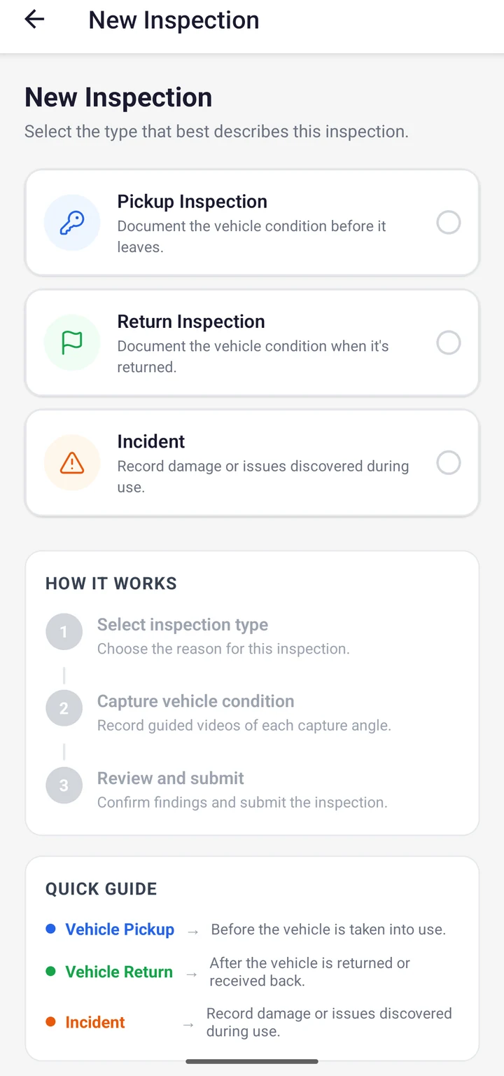 VesEvi Mobile app's New Inspection screen: inspection-type selection and a three-step “How It Works” guide