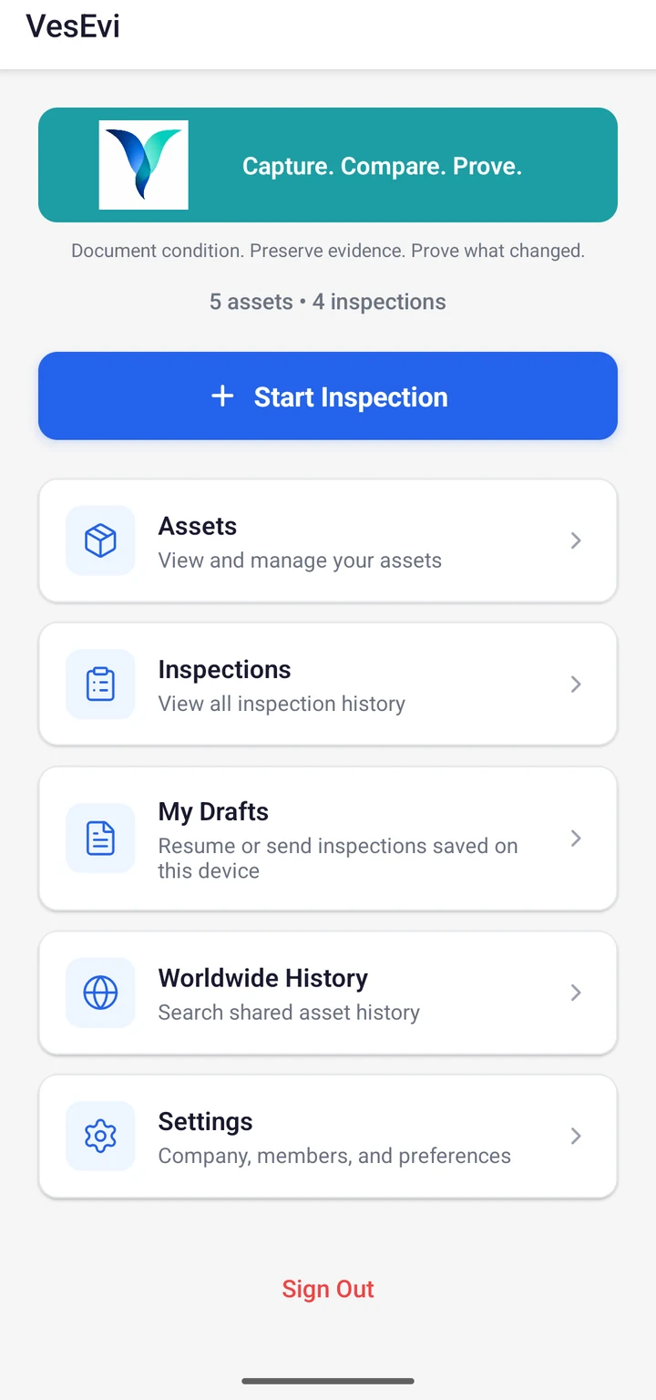 VesEvi Mobile app dashboard screen: Capture. Compare. Prove., quick stats, and the Start Inspection action