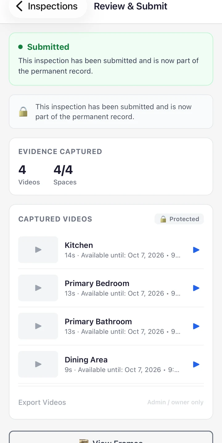 VesEvi Mobile app's Review & Submit screen for a submitted property inspection, showing all 4 captured spaces—kitchen, primary bedroom, primary bathroom, and dining area