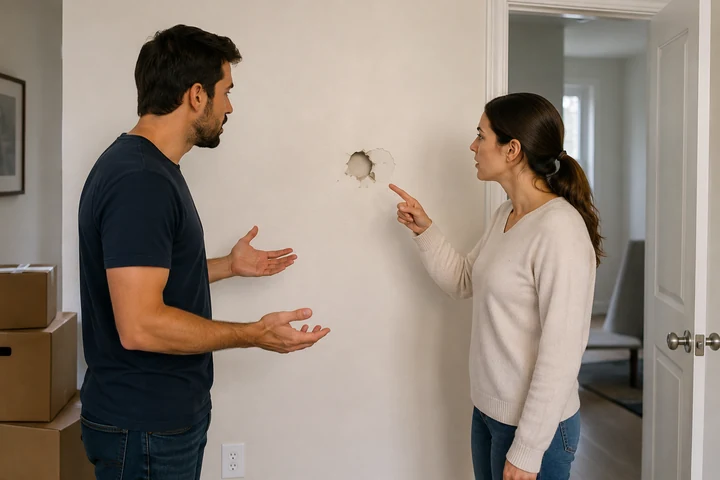 A man and a woman standing in a room with moving boxes, disagreeing over a hole in the wall.