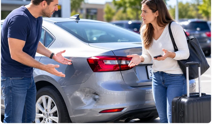 A man and a woman standing beside a rental car, both gesturing in disagreement over a dent in the rear bumper.