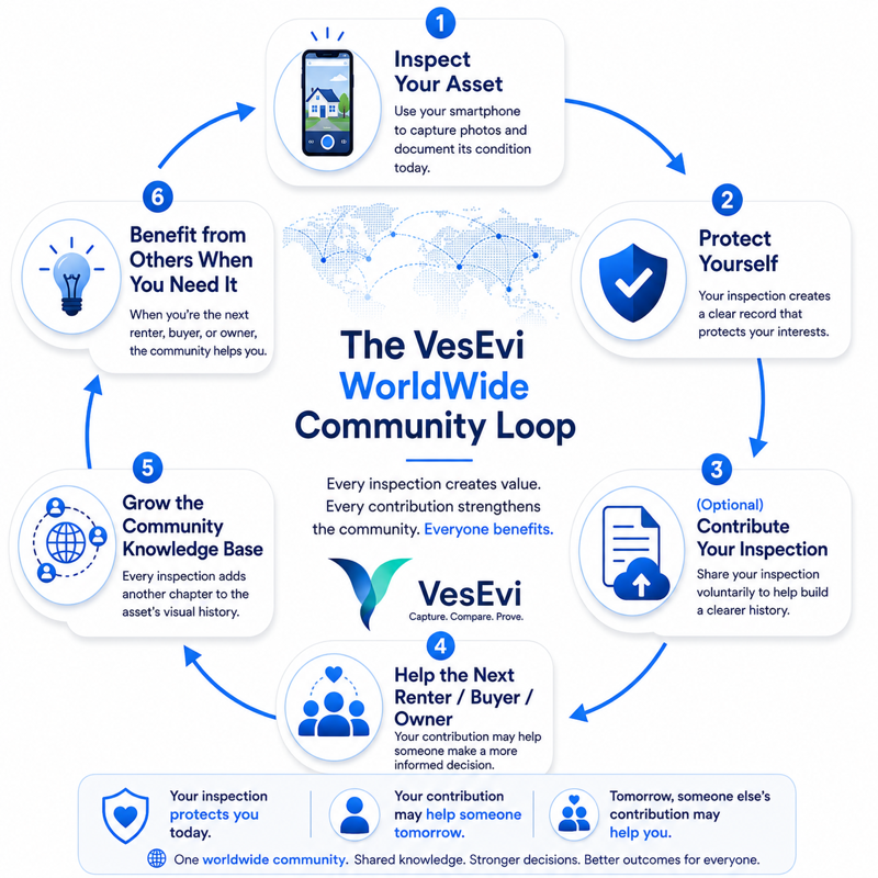 The VesEvi Worldwide Community Loop: inspect your asset and protect yourself today, optionally contribute your inspection to Worldwide History to help the next renter, buyer, or owner, grow the shared record, and benefit from others' contributions when you become that next renter, buyer, or owner.