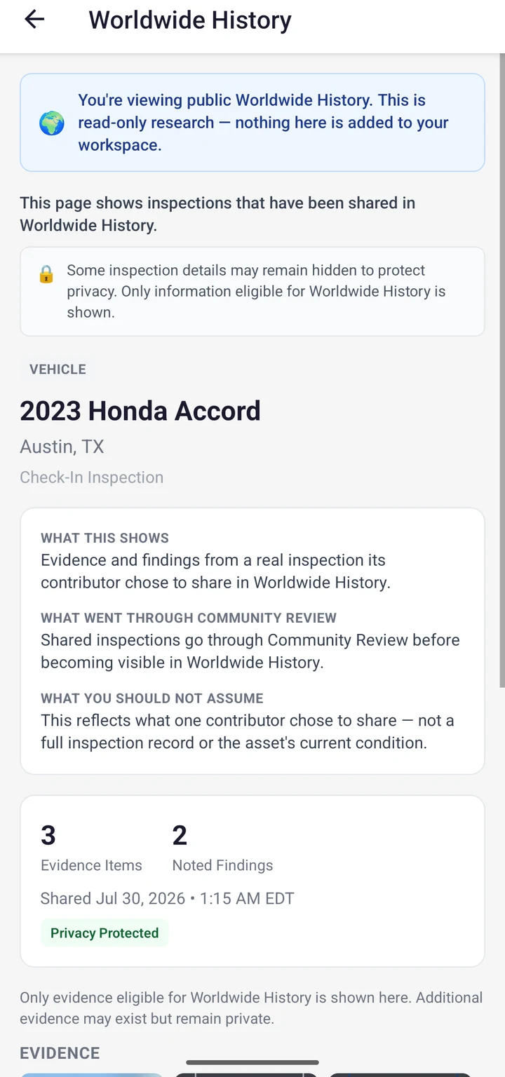VesEvi Mobile app's Worldwide History detail screen, explaining what a shared record shows and what stays private