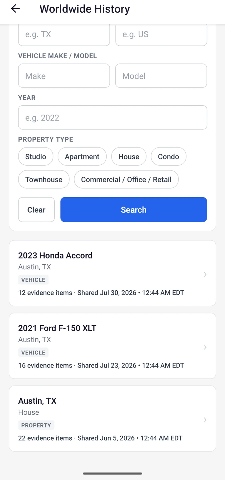 VesEvi Mobile app's Worldwide History search screen with vehicle and property filters and result cards